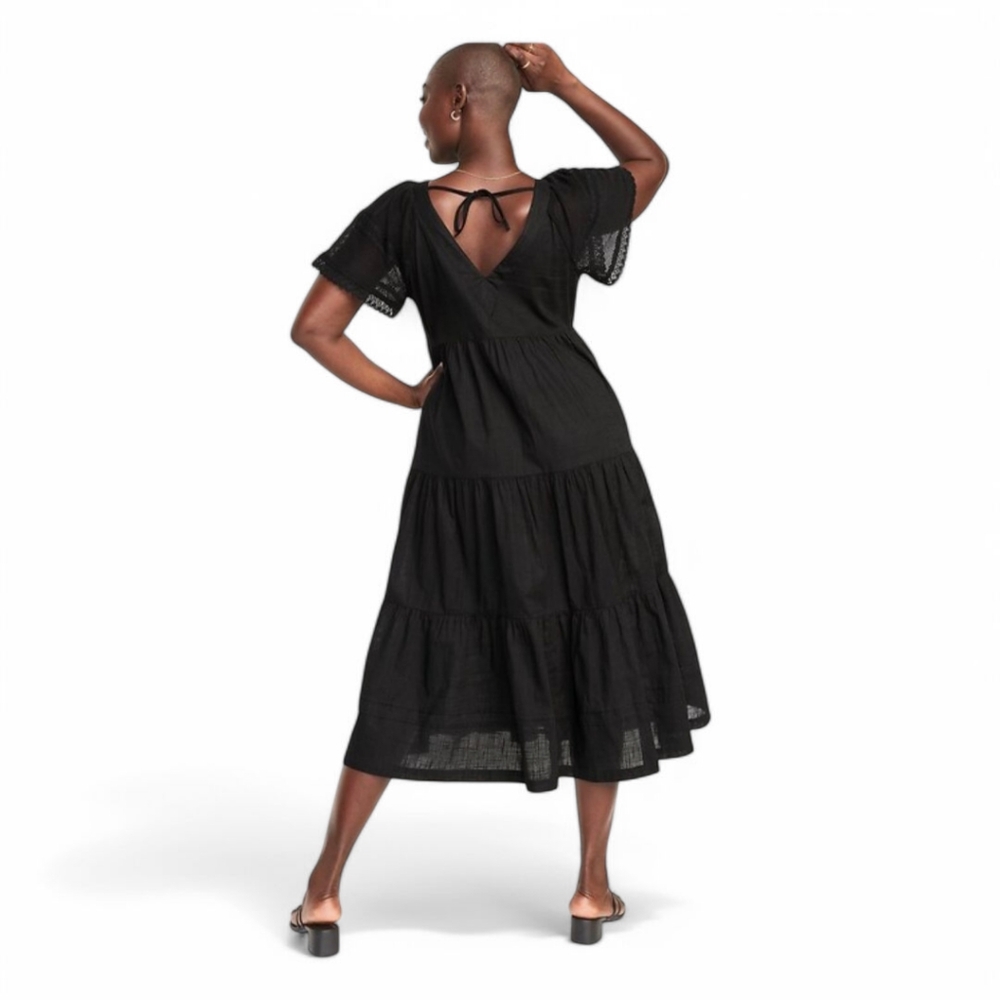 Old Navy Crotchet Flutter Sleeve Tie Back Midi Tiered Swing Dress Women's L NWT